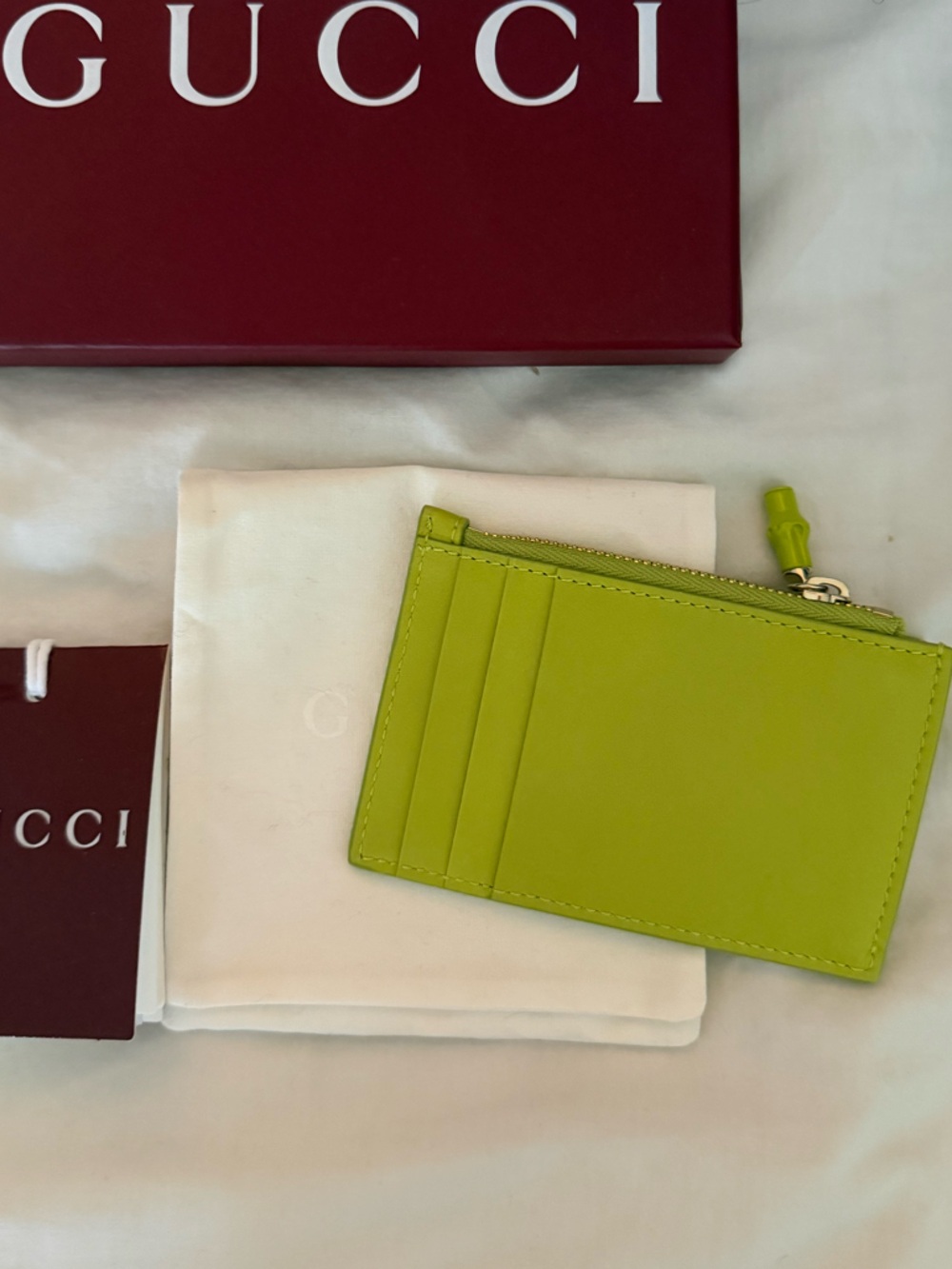 Gucci Bamboo Lime Green Leather Card Holder with Zip Pocket NIB - Picture 2 of 2